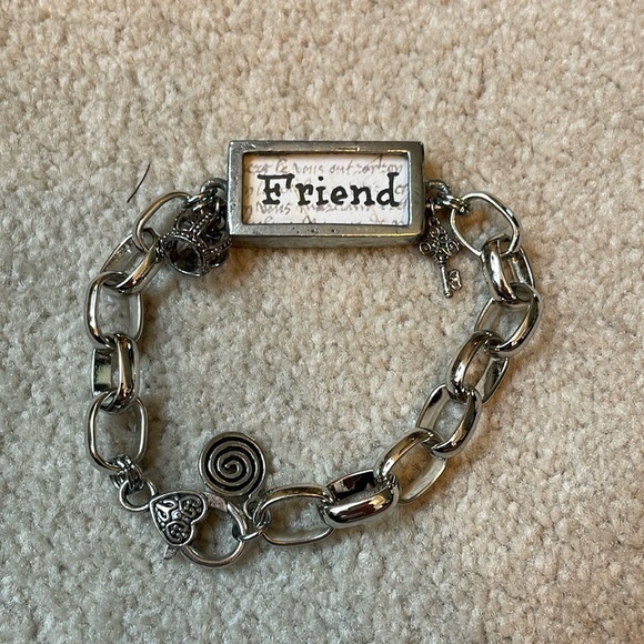 Jewelry - Silver tone link bracelet with crown key, charms message friends